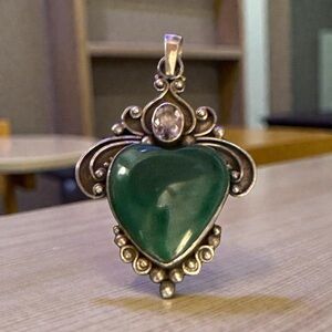 Gorgeous Vintage Sterling Silver Malachite Green Heart Pendant 925 Artisan Boho